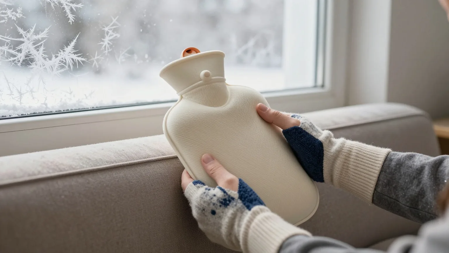 Hände in Halbfingerhandschuhen halten eine Wärmflasche auf einem Sofa, hinter dem Fenster Eisblumen im grauen Wintermorgenlicht