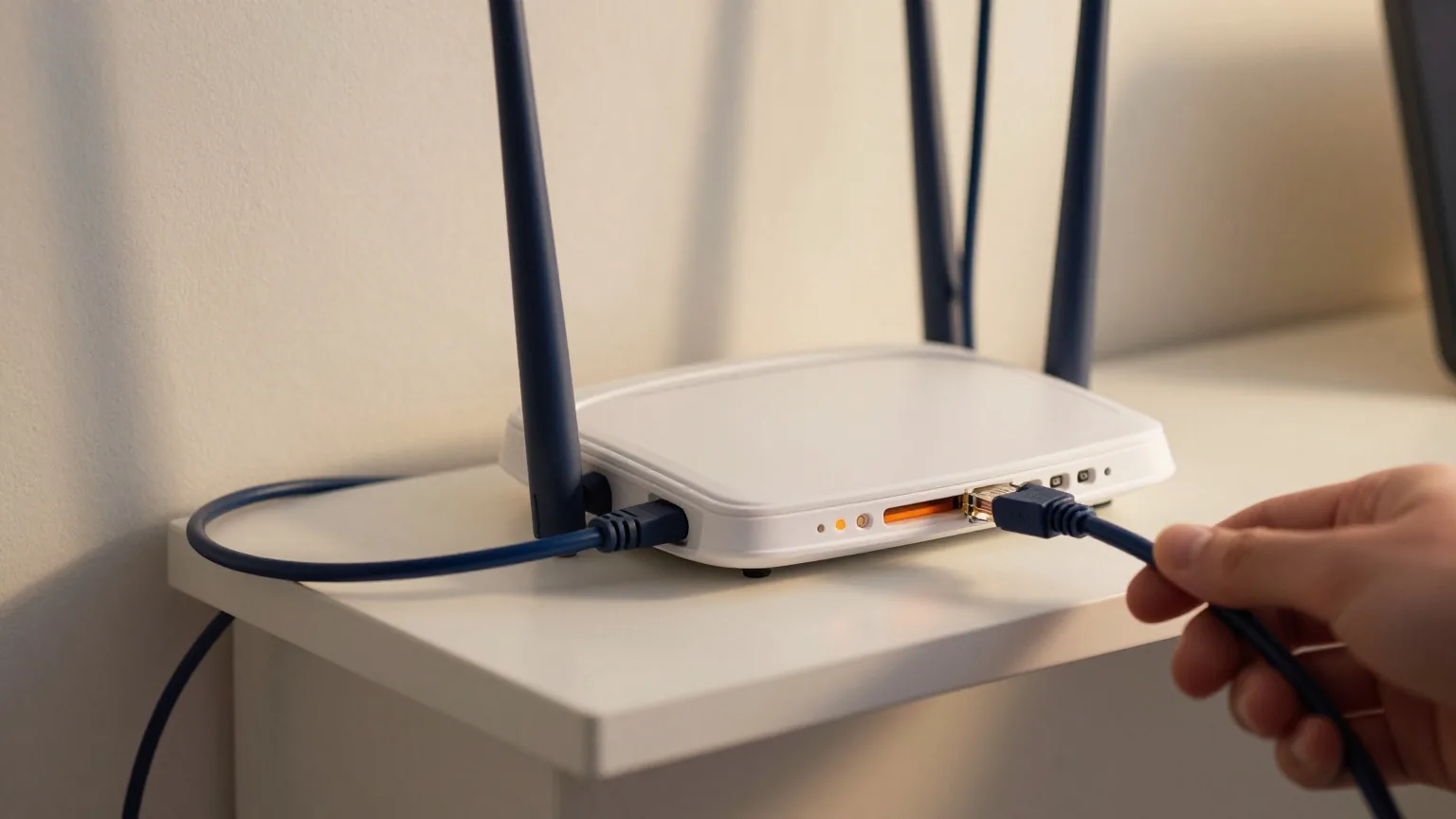 Ein kleiner weißer Router mit dunklen Kontrollleuchten auf einem Flurregal, daneben hält eine Hand ein ausgestecktes Netzwerkkabel