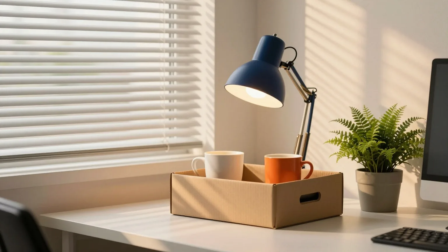 Umzugskarton mit Schreibtischlampe, Keramikbecher und kleinem Farn auf einem leer geräumten Bürotisch im goldenen Abendlicht