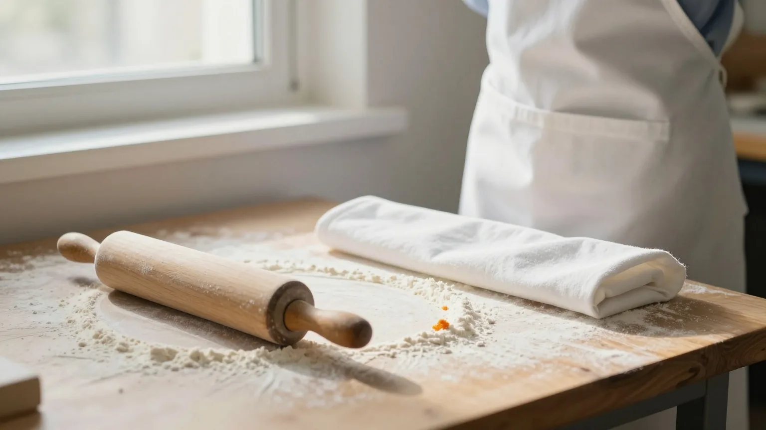 Mehlbestäubte Arbeitsfläche in einer Backstube mit hölzernem Nudelholz und gefalteter weißer Schürze im frühen Morgenlicht