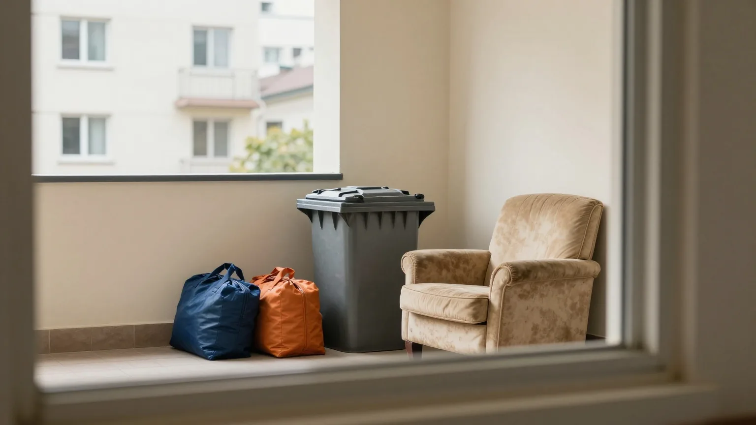 Ein alter Sessel und einige volle Säcke neben den Mülltonnen im Innenhof eines Mehrfamilienhauses an einem bedeckten Morgen