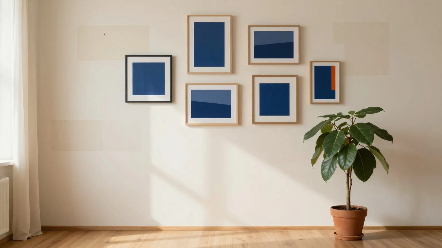 Kahle Wohnzimmerwand mit hellen Rechtecken, wo Bilder hingen, ein einzelner Nagel in der Wand und eine große Topfpflanze auf dem Holzboden