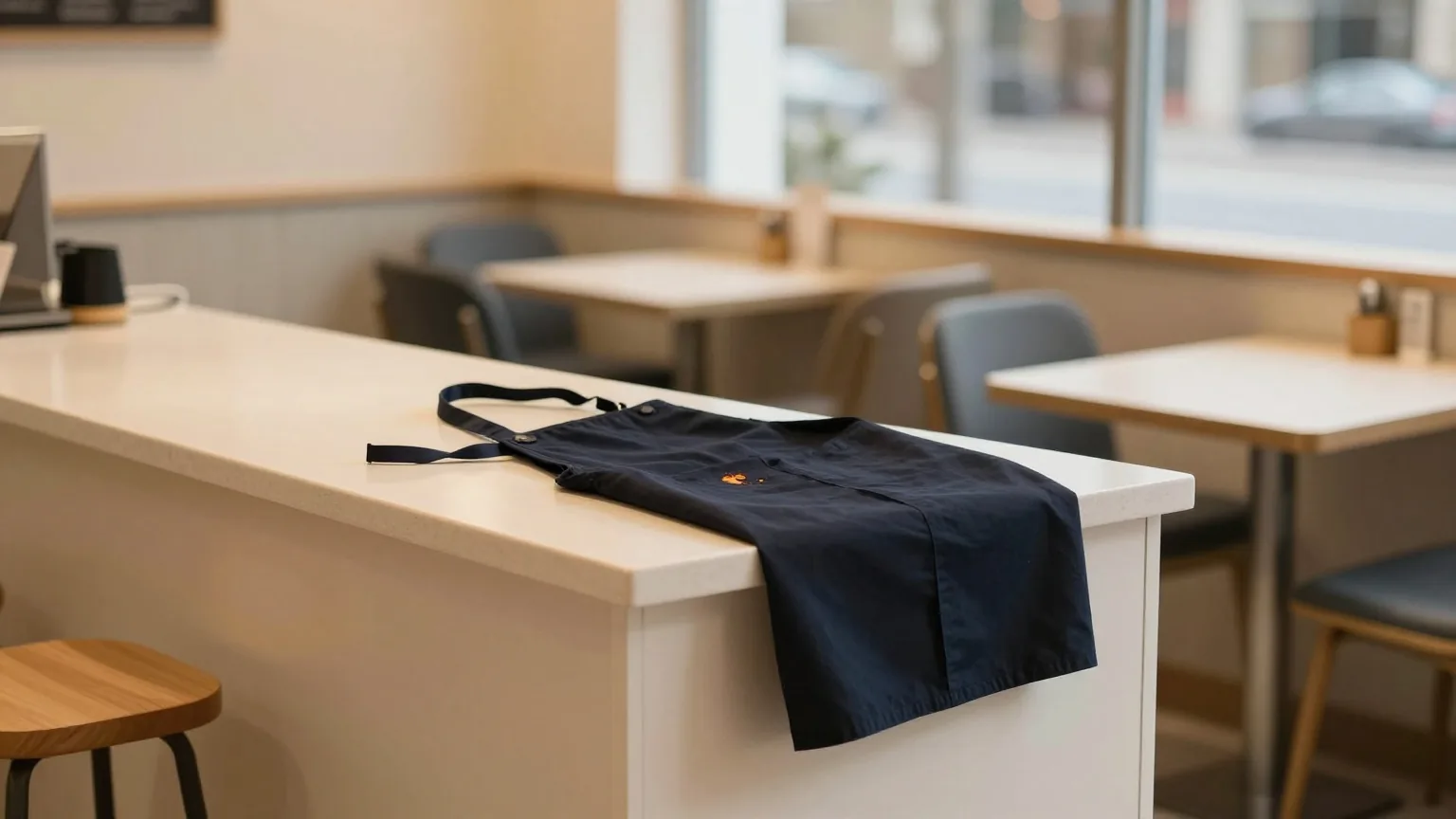 Tresen eines Cafés nach Feierabend mit hochgestellten Stühlen und gefalteter schwarzer Schürze im warmen Lampenlicht