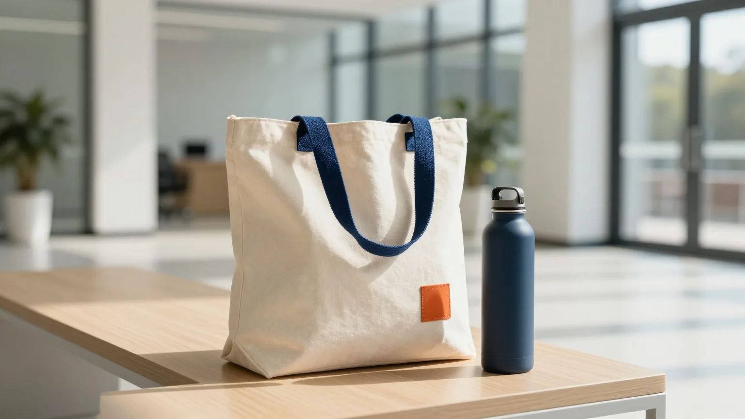 Neue Stofftasche und Trinkflasche auf einer Bank im hellen Eingangsbereich eines Bürogebäudes im Morgenlicht