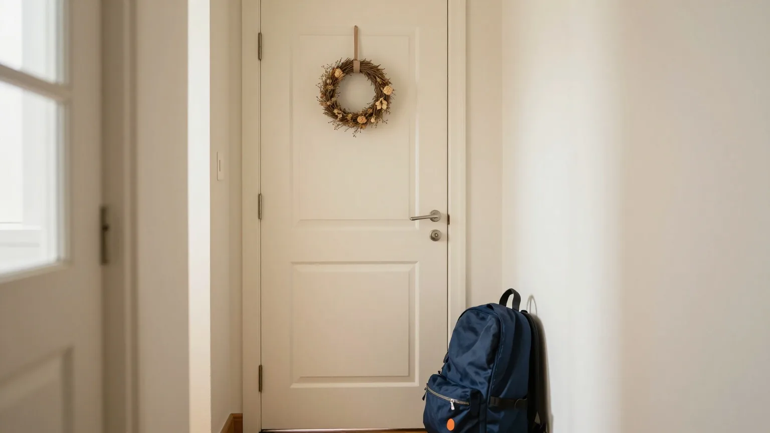 Zimmertür in einem hellen Wohnungsflur mit einem kleinen Trockenblumenkranz, daneben lehnt ein gepackter Rucksack an der Wand