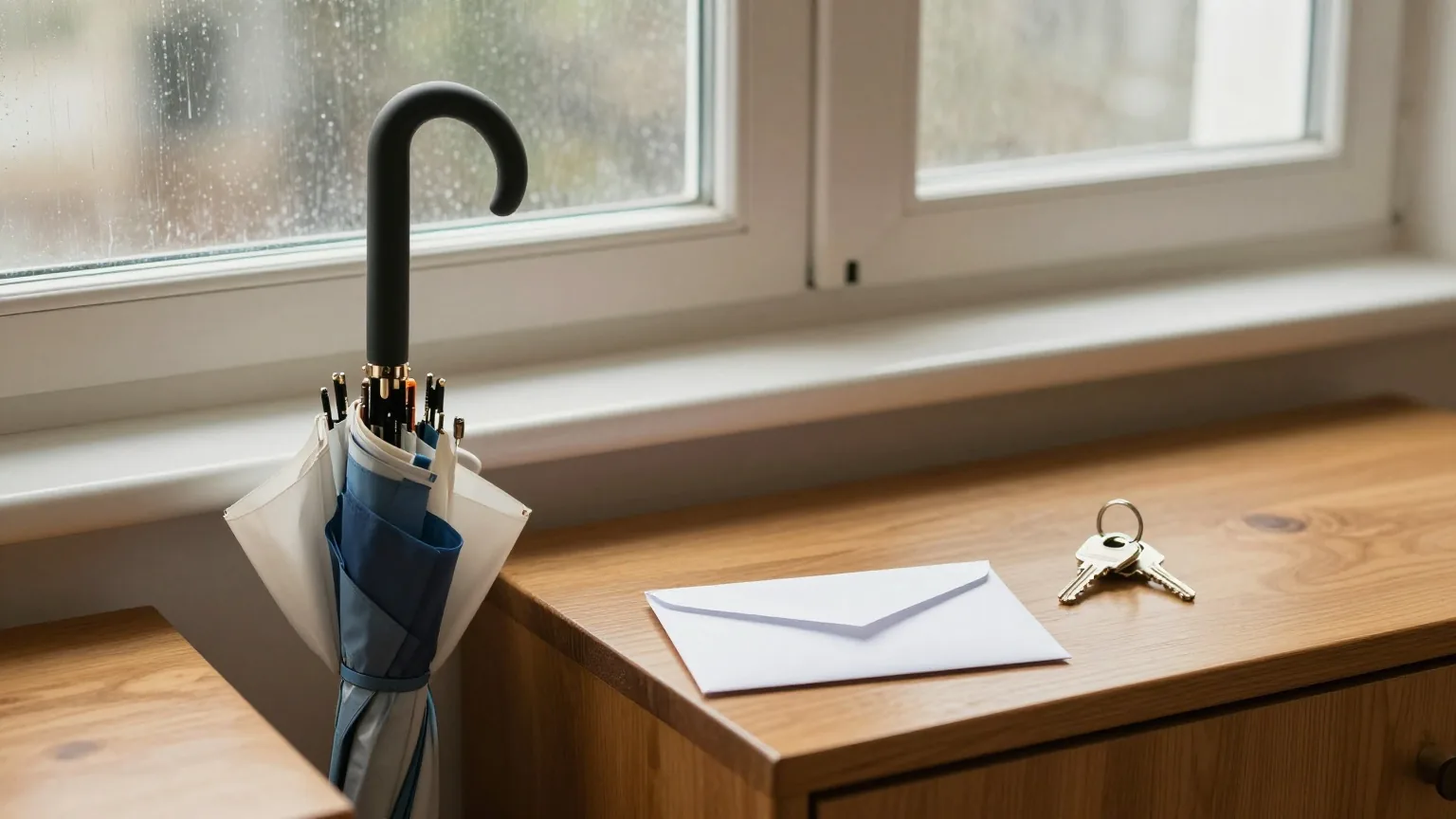 Zusammengeklappter Regenschirm an einer hölzernen Flurkommode, darauf ein weißer Umschlag und ein Schlüsselbund, Licht von einem verregneten Fenster
