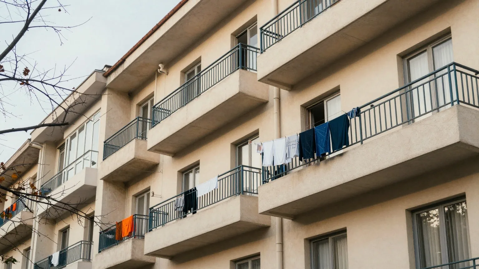 Balkone eines Mehrfamilienhauses von unten an einem grauen Herbstmorgen, auf einem Balkon trocknet Wäsche