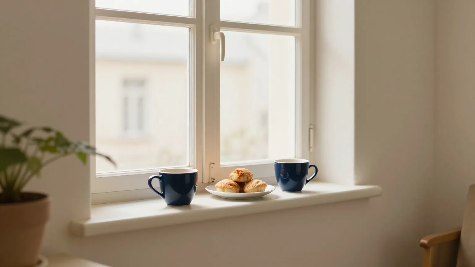 Zwei Kaffeetassen und ein Teller Gebäck auf der Fensterbank eines halb ausgeräumten Wohnzimmers mit kahlen Wänden