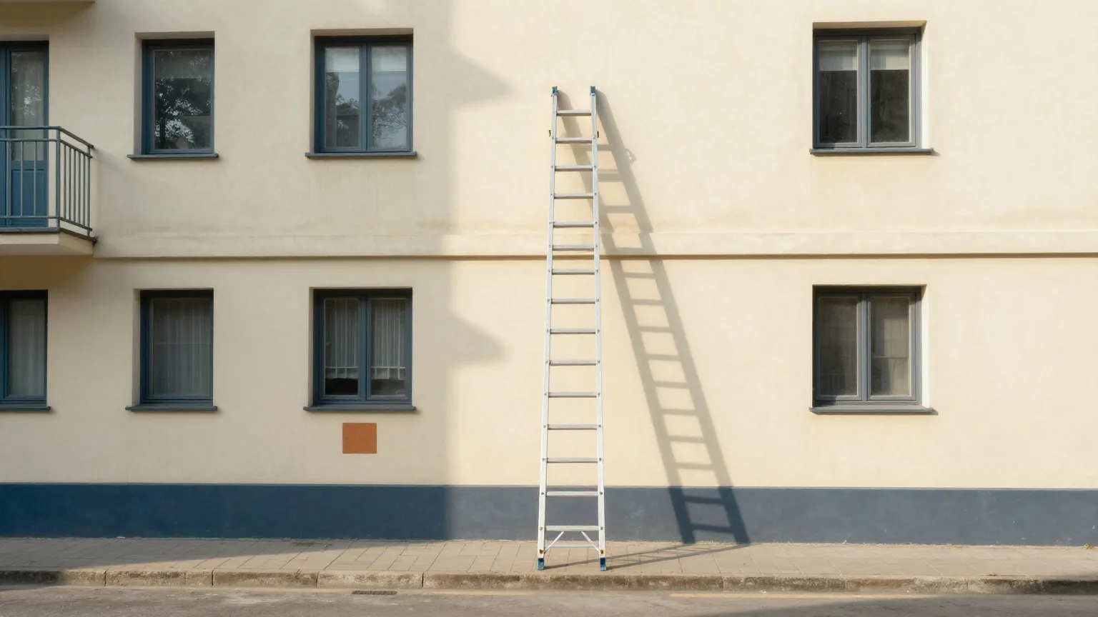 Fassade eines älteren Mehrfamilienhauses, teilweise mit neuen hellen Dämmplatten verkleidet, an der Wand lehnt eine hohe Aluleiter