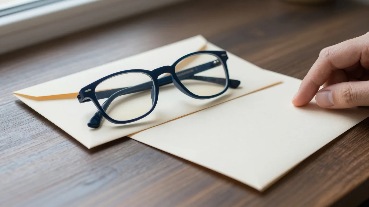 Eine Lesebrille liegt auf einem kleinen Stapel weißer Umschläge, daneben streicht eine Hand ein gefaltetes Blatt glatt