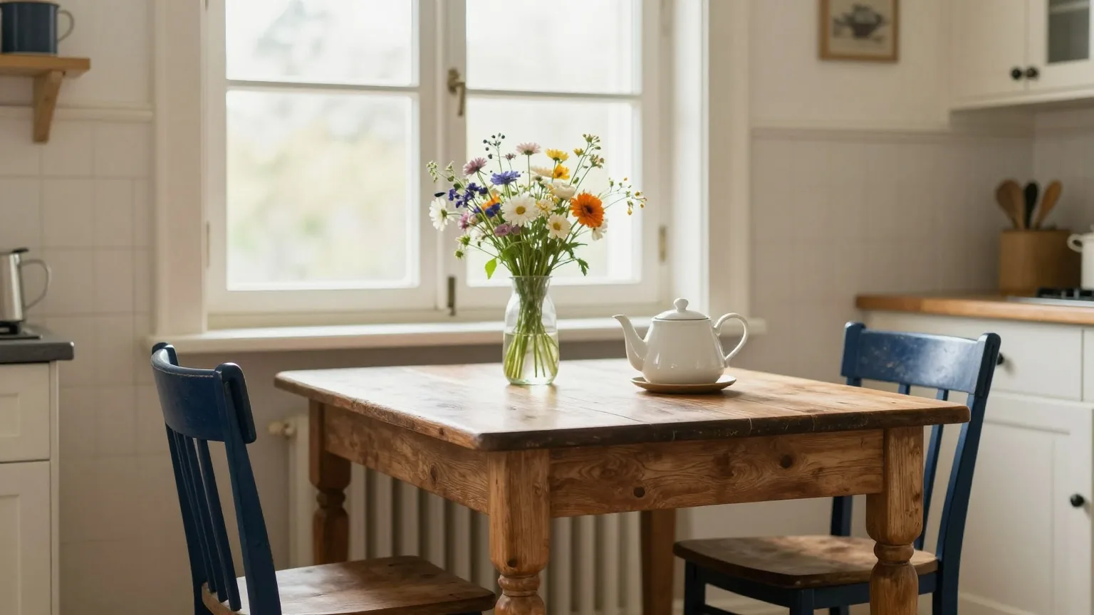 Alter Holztisch mit zwei unterschiedlichen Stühlen am Küchenfenster, darauf ein Strauß Gartenblumen und eine Teekanne