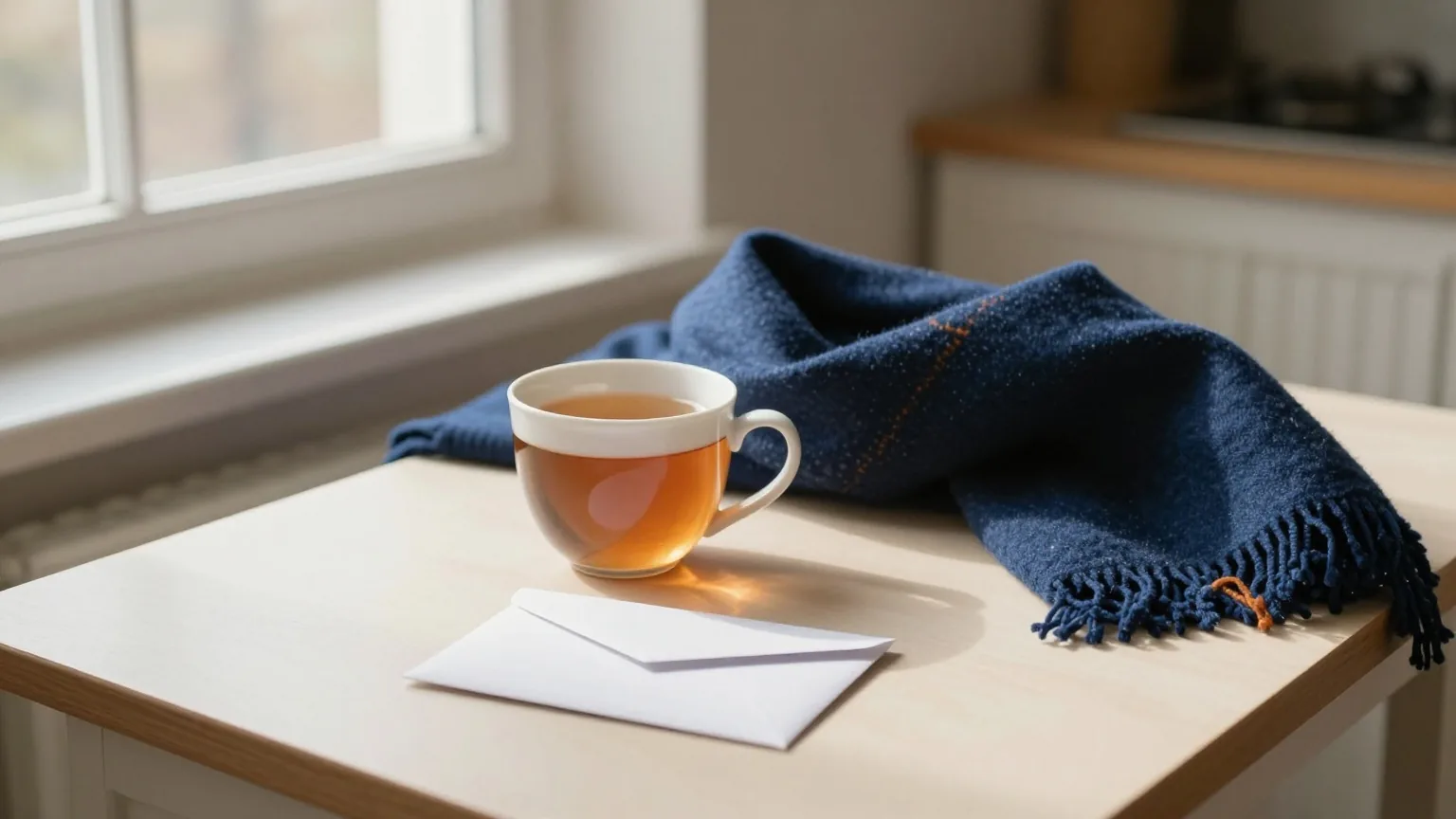Teetasse, gefalteter Wollschal und weißer Umschlag auf einem Küchentisch am Fenster, darunter ein Heizkörper im Winterlicht