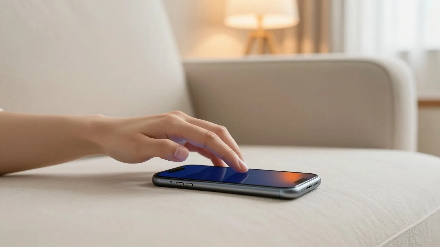 Eine Hand schiebt ein mit dem Bildschirm nach unten liegendes Smartphone auf einem Sofakissen weg, warmes Abendlicht
