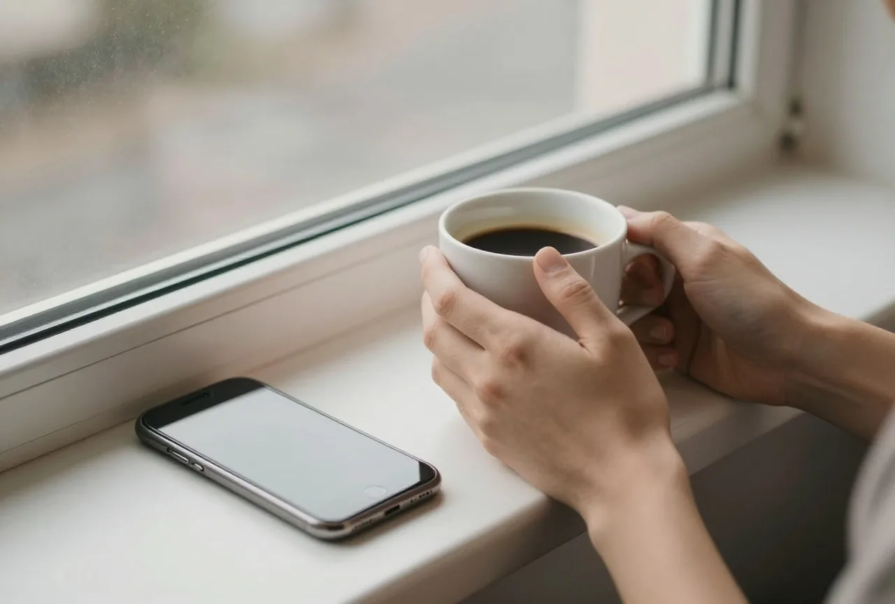 Hände halten eine Kaffeetasse am Fenster, auf der Fensterbank liegt ein Smartphone mit dem Display nach unten, weiches Morgenlicht