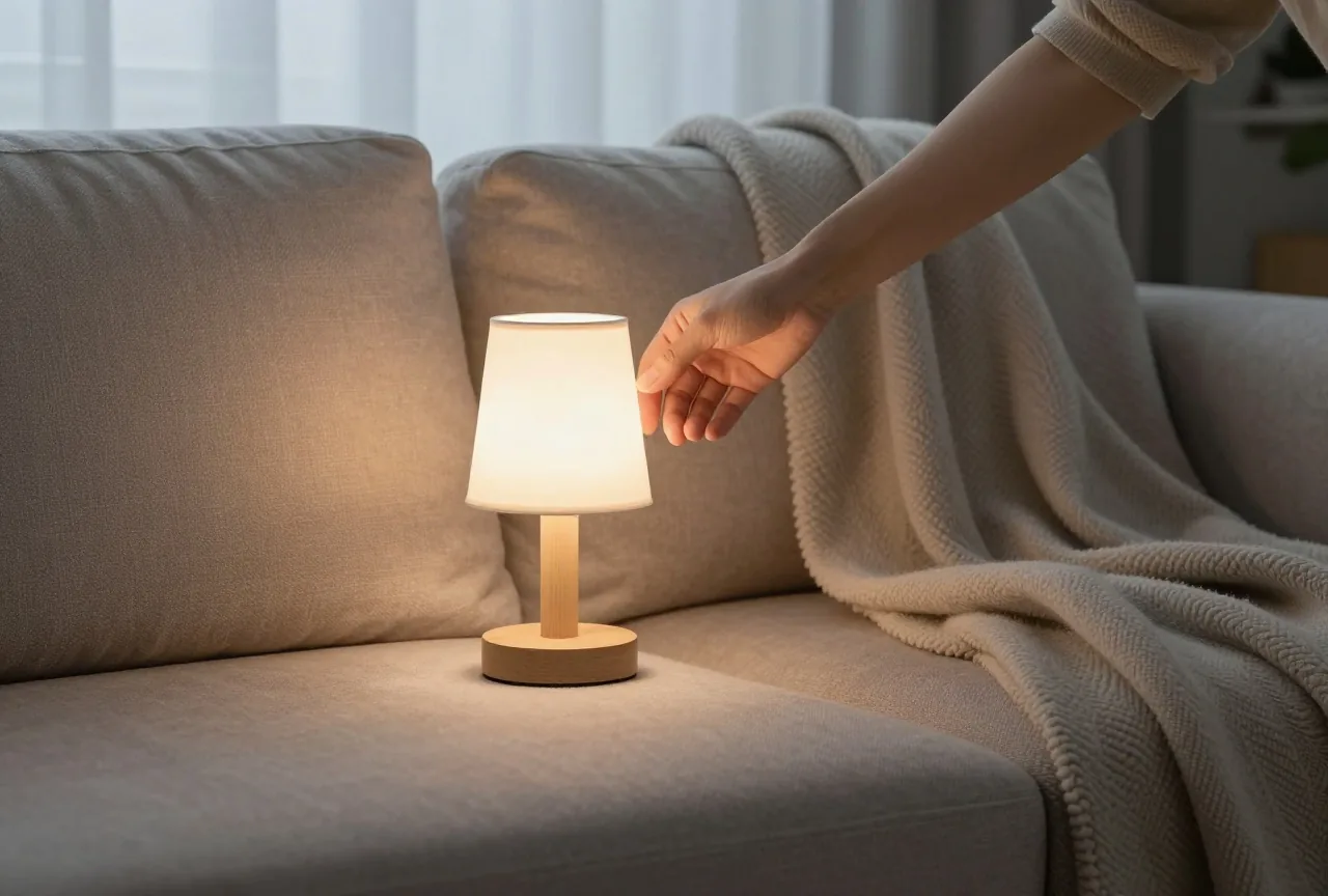 Eine Hand schaltet eine kleine Tischlampe neben einem Sofa mit gefalteter Wolldecke aus, Abendlicht am Fenster