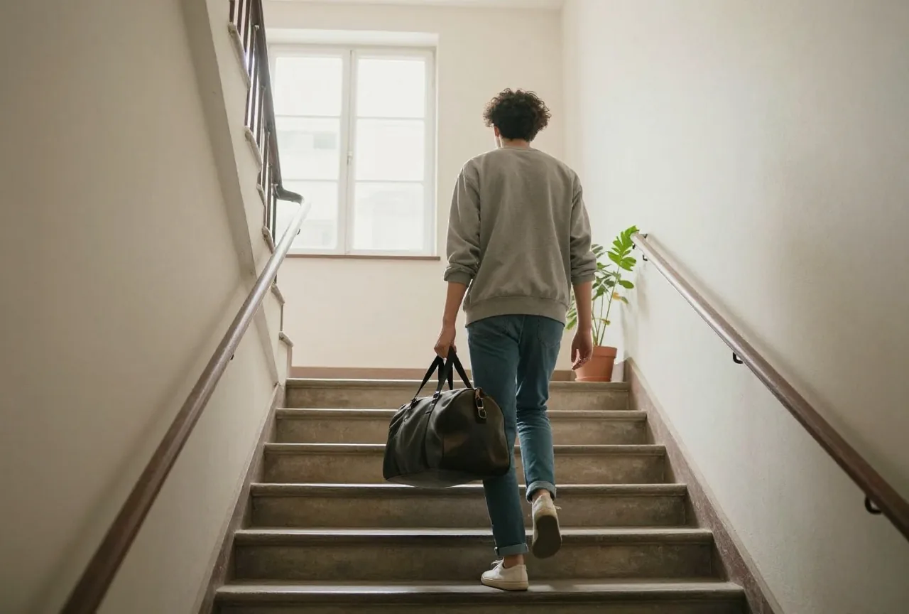Junger Mensch von hinten mit Reisetasche und Topfpflanze im Treppenhaus eines Altbaus bei hellem Tageslicht