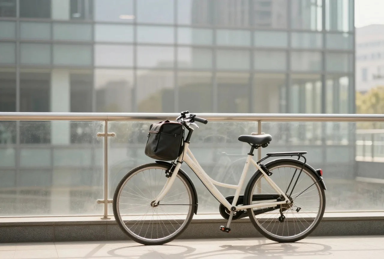 Fahrrad mit Pendlertasche an einem Geländer vor einem gläsernen Bürogebäude an einem hellen Frühlingsmorgen
