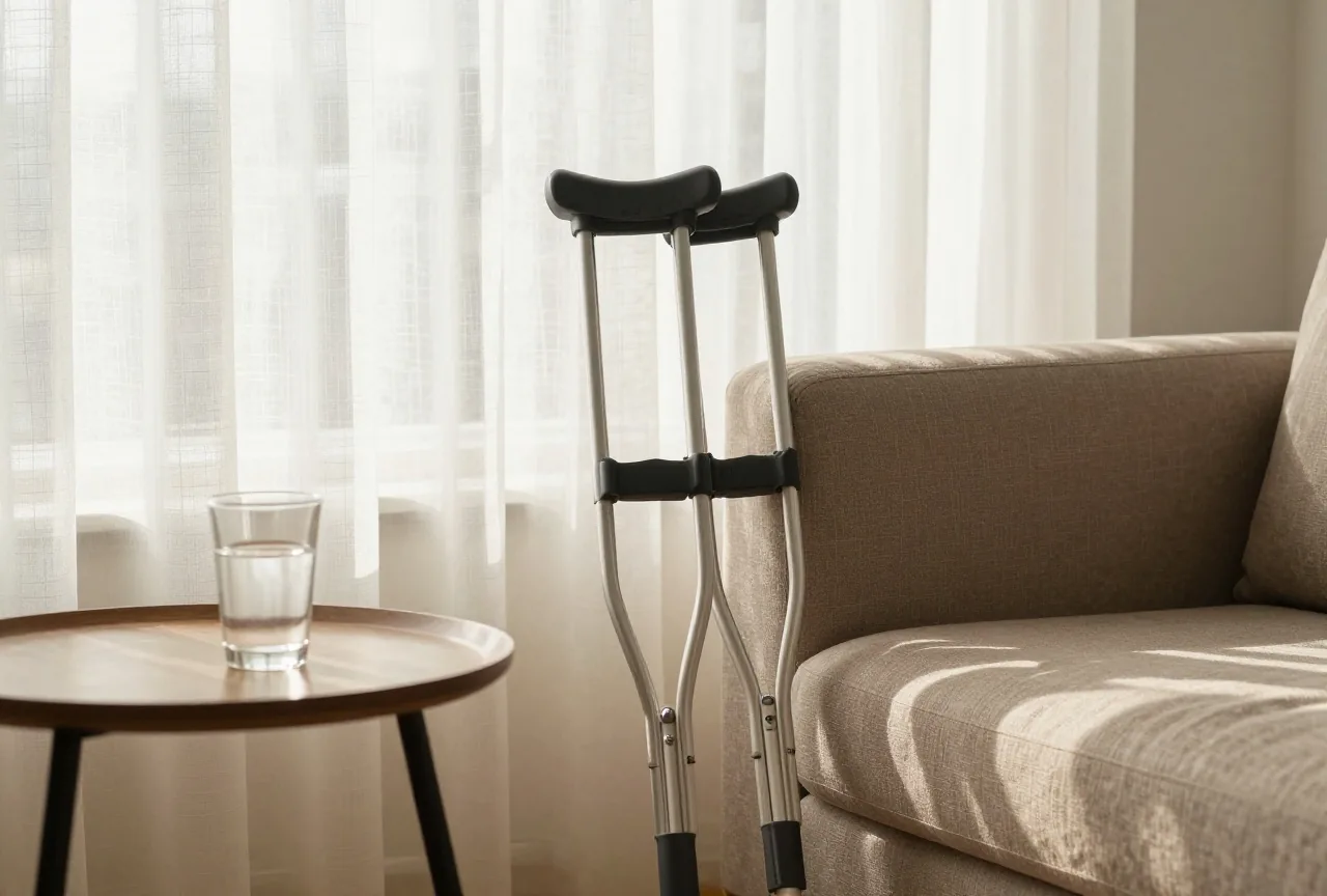 Unterarmgehstützen an einem Sofa neben einem Beistelltisch mit einem Glas Wasser im Morgenlicht hinter Leinenvorhängen