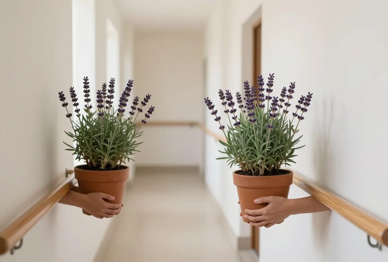 Zwei Hände tragen einen Topf Lavendel durch einen hellen, breiten Flur mit Handläufen an den Wänden