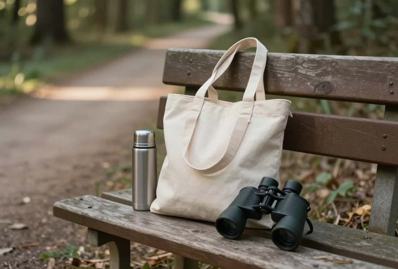 Stofftasche mit Thermoskanne und Fernglas auf einer Holzbank an einem stillen Waldweg im Nachmittagslicht