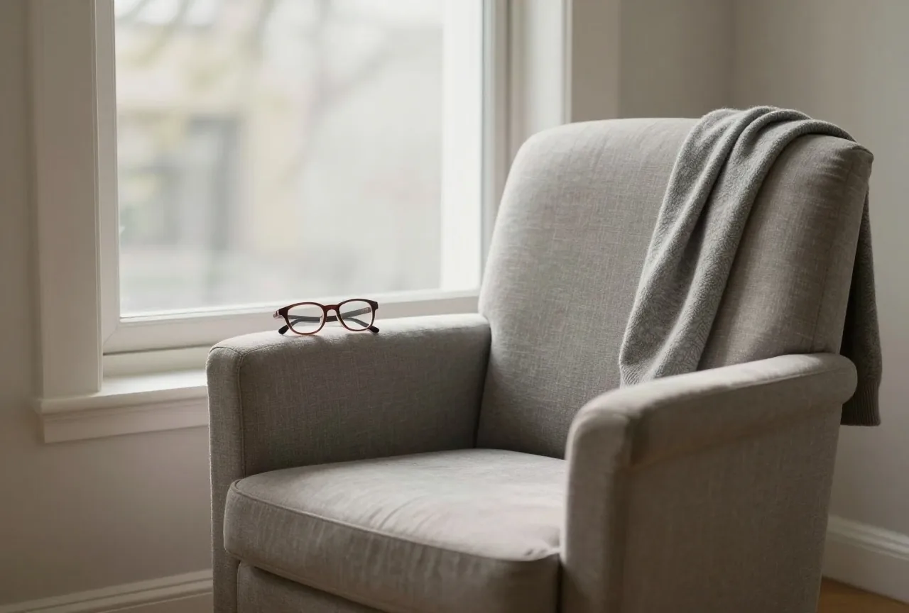 Ein leerer Sessel am Fenster, auf der Armlehne eine Lesebrille, über der Lehne eine graue Strickjacke