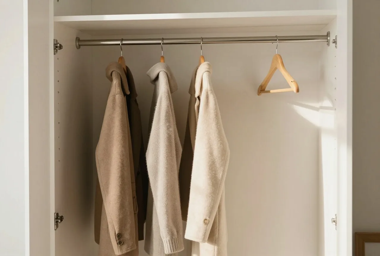 Ein halb leerer Kleiderschrank mit einigen Mänteln auf Holzbügeln in einem hellen Schlafzimmer