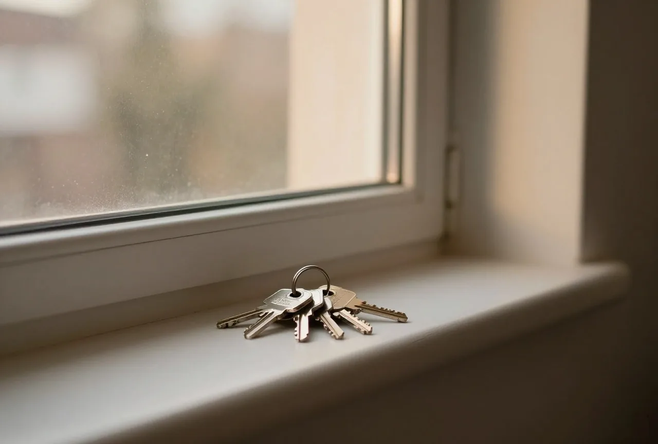 Ein Schlüsselbund liegt auf der Fensterbank eines leeren Zimmers im warmen Abendlicht