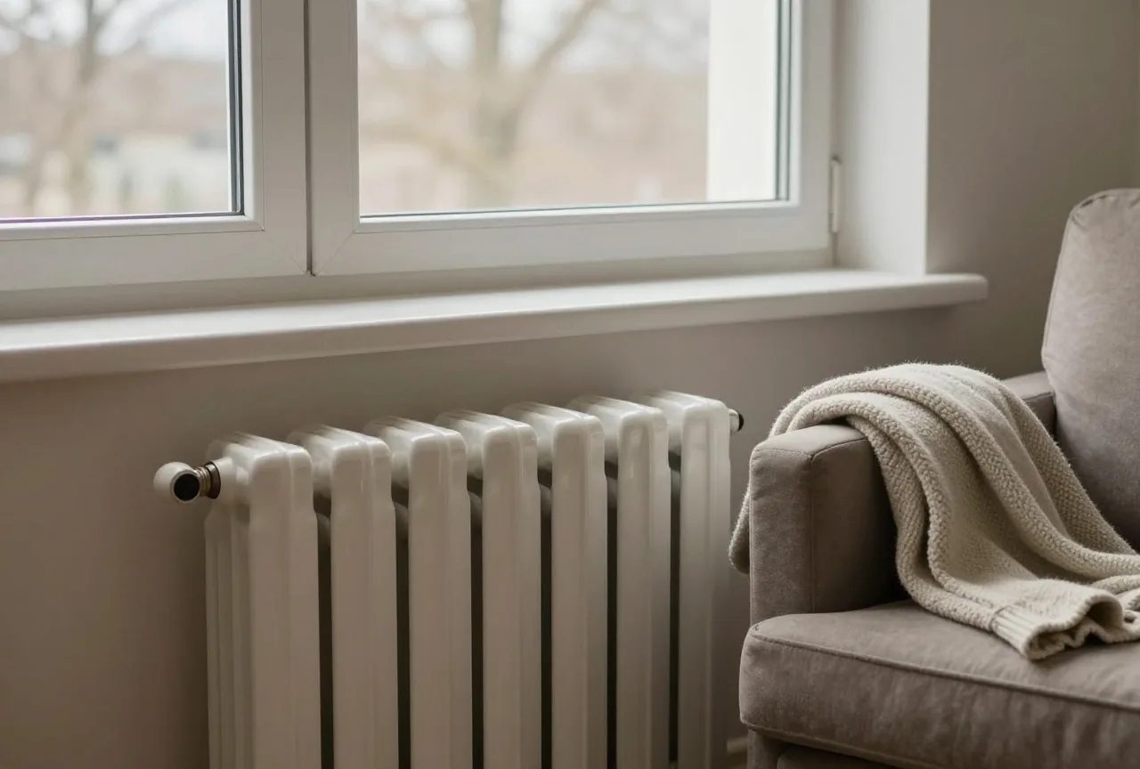 Ein Heizkörper unter dem Fenster eines ruhigen Wohnzimmers an einem Winternachmittag, daneben ein Sessel mit Wolldecke