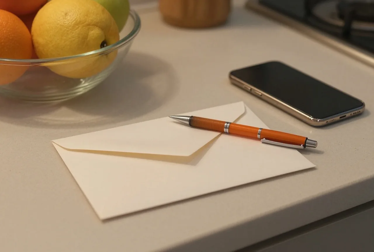 Kleiner Kassenbon und ein leerer Umschlag auf einer Küchenarbeitsplatte neben einer Obstschale, ein orangefarbener Stift liegt quer darüber