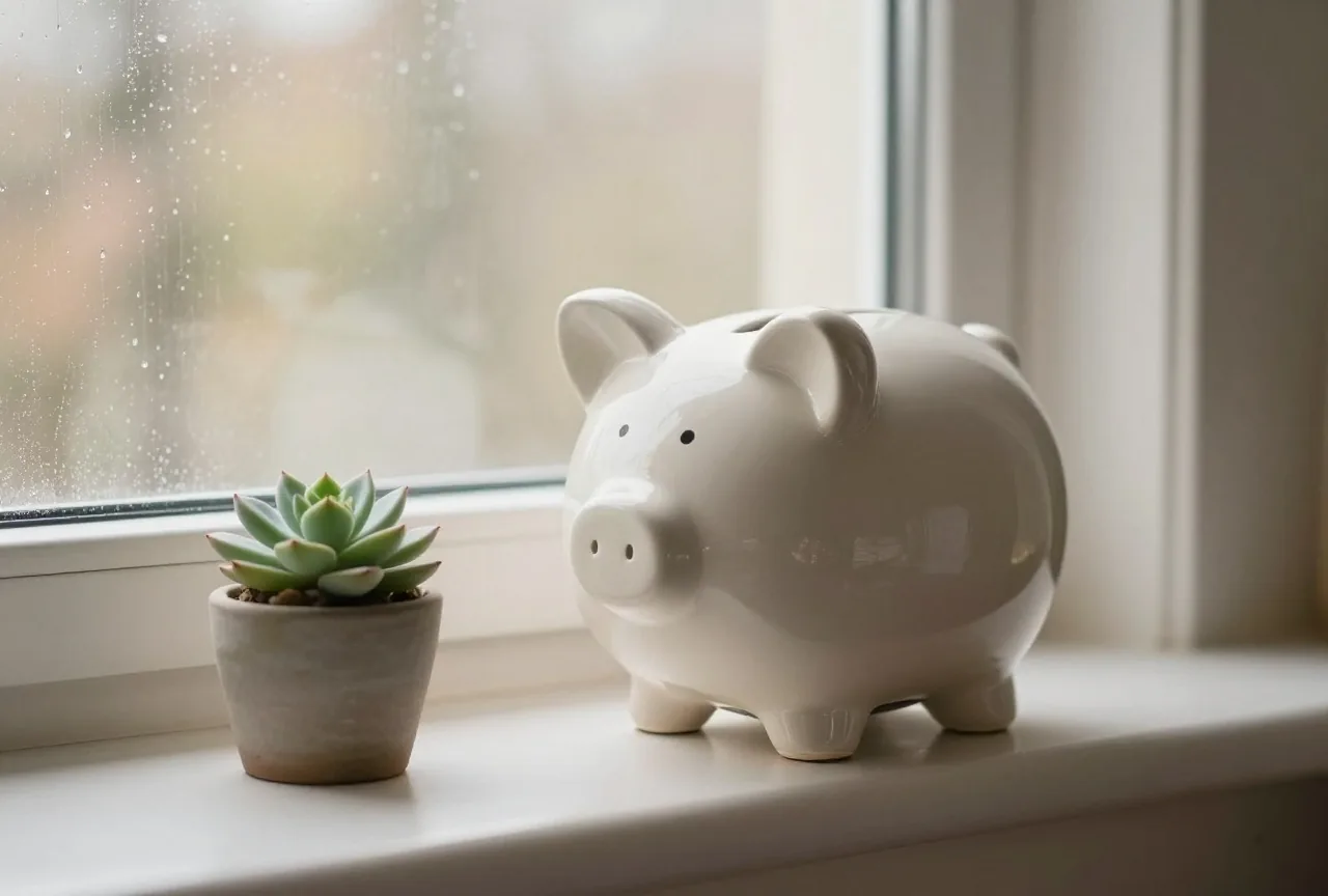 Sparschwein aus Keramik und eine kleine Sukkulente auf einer Küchenfensterbank im weichen Morgenlicht, Regentropfen auf der Scheibe
