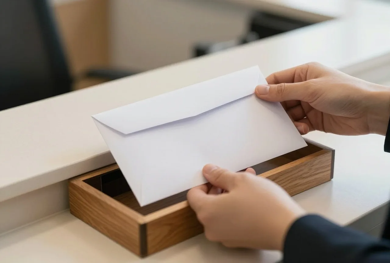 Hände legen einen verschlossenen Umschlag in eine hölzerne Postablage auf einem Empfangstresen
