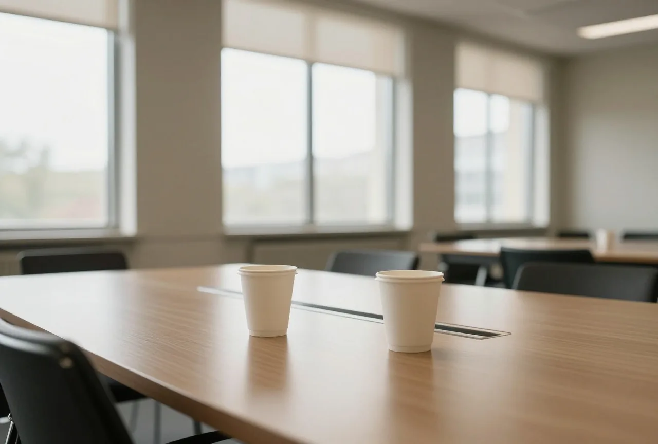 Zwei leere Kaffeetassen auf einem langen Besprechungstisch in einem hellen, leeren Konferenzraum mit hohen Fenstern