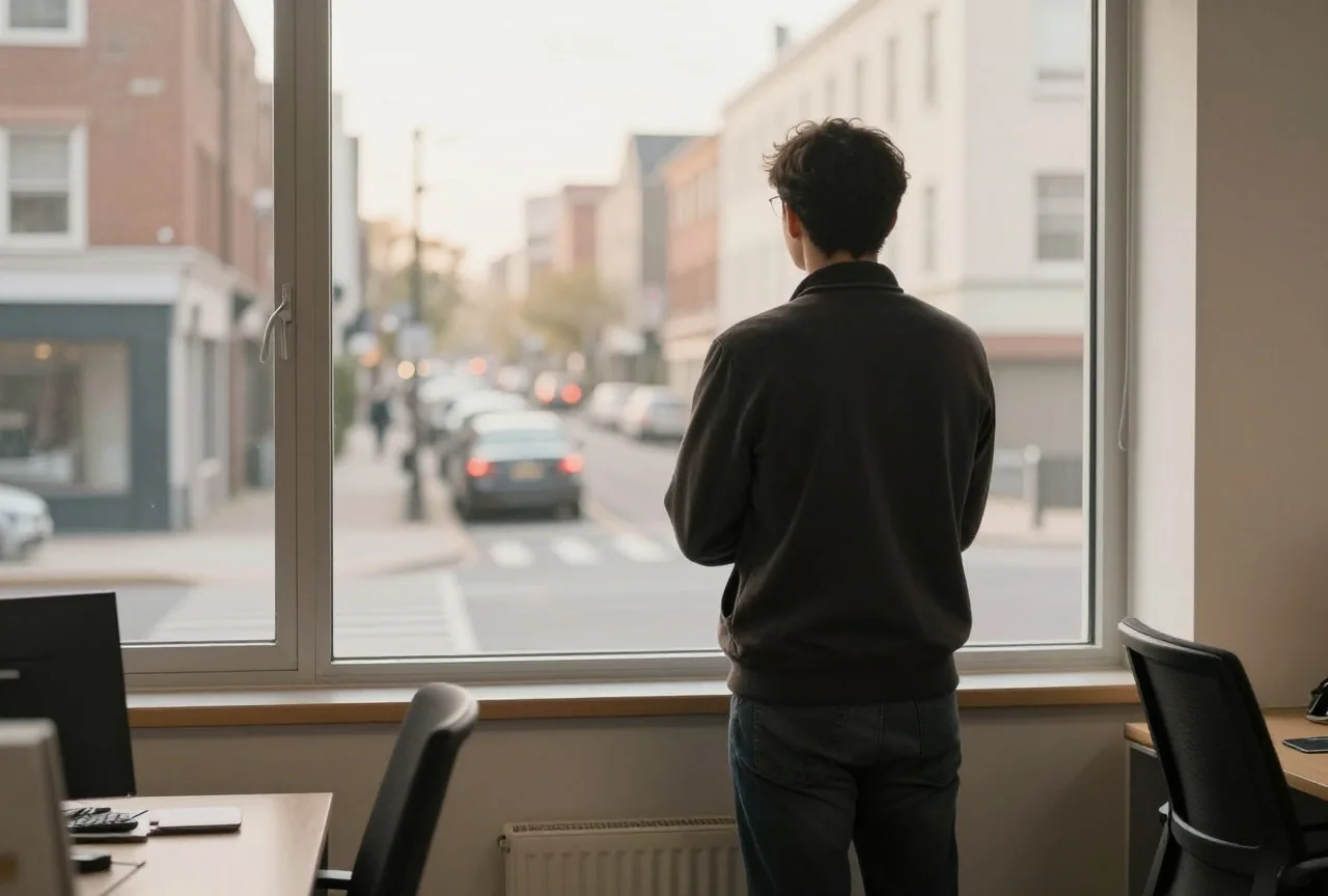 Person von hinten an einem geöffneten Bürofenster mit Blick auf eine ruhige Straße am Nachmittag, daneben eine Jacke über einer Stuhllehne