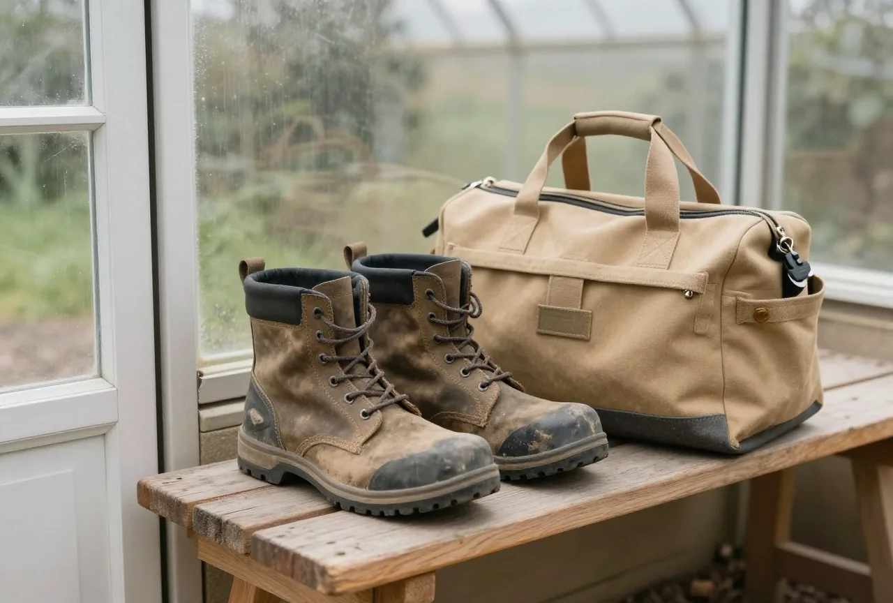 Verschmutzte Sicherheitsschuhe und eine Werkzeugtasche aus Segeltuch auf einer Holzbank neben einer Gewächshaustür