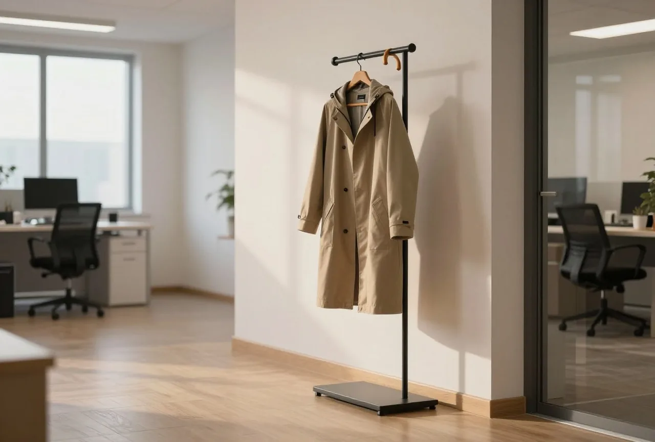 Garderobe mit einer einzelnen Regenjacke und einem Schirm im hellen Eingang eines Büros zum Feierabend, weiches Abendlicht auf dem Holzboden