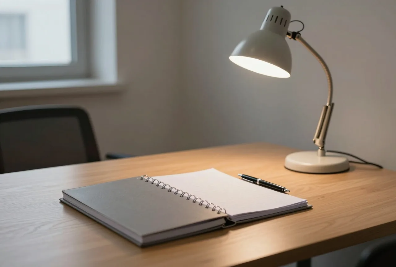 Geschlossener grauer Ordner und ein Stift auf einem Holztisch neben einer Schreibtischlampe in einem leeren Büro am Abend