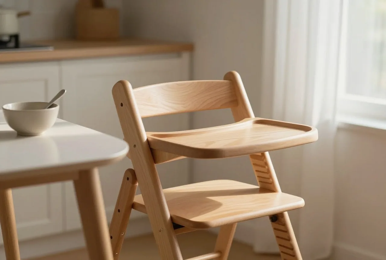 Hölzerner Hochstuhl neben einem Küchentisch mit kleiner Schüssel und Löffel im Morgenlicht