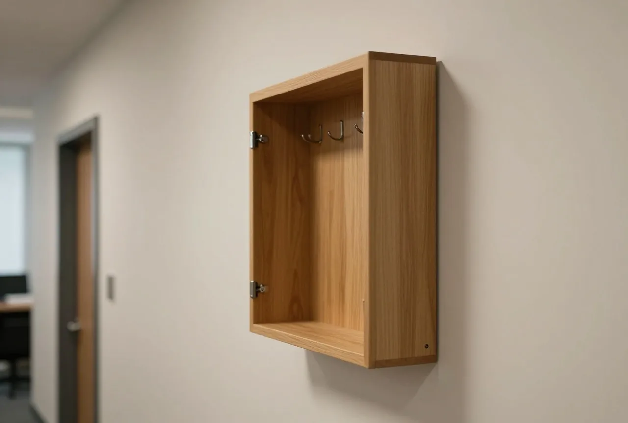 Geöffneter hölzerner Schlüsselkasten mit einigen leeren Haken an der Wand eines ruhigen Büroflurs