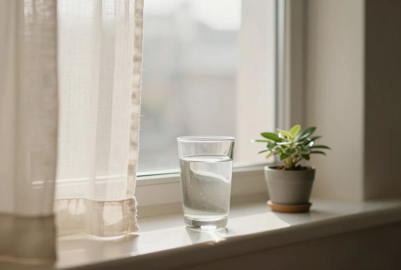 Wasserglas und kleine Topfpflanze auf einem sonnigen Fensterbrett, leichter Vorhang, ruhiger Morgen