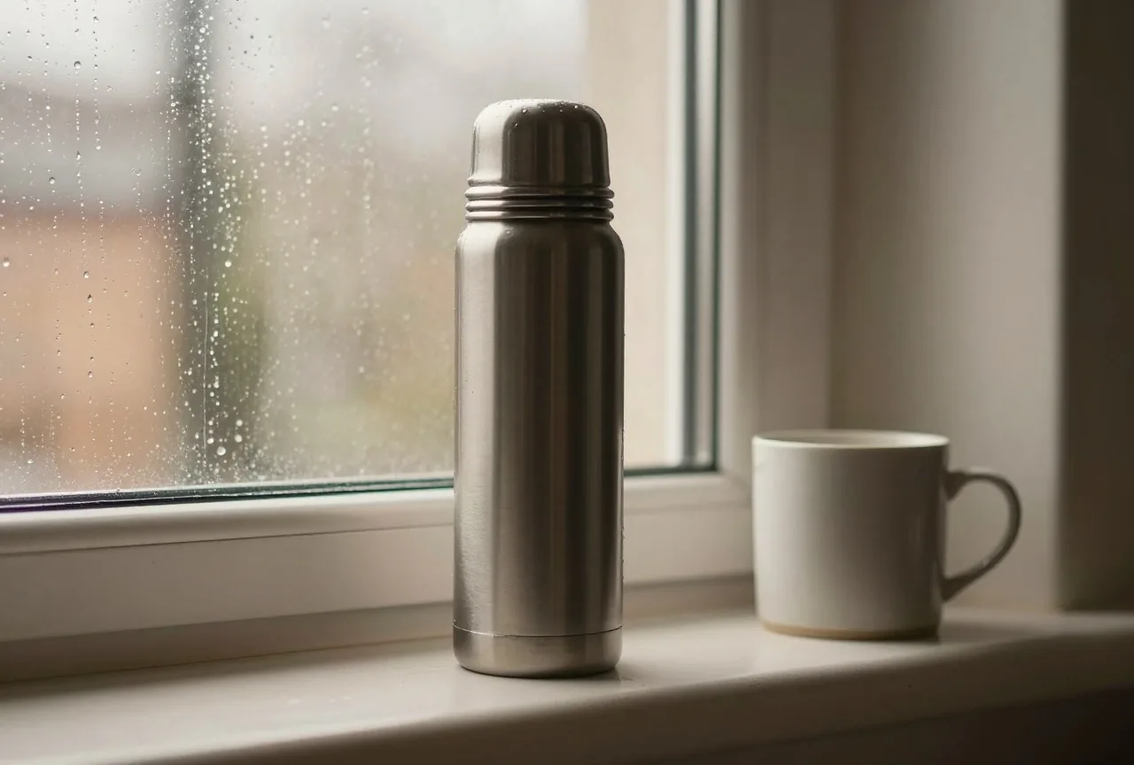 Thermoskanne aus Stahl und ein Becher auf einer Fensterbank, Regentropfen an der Scheibe