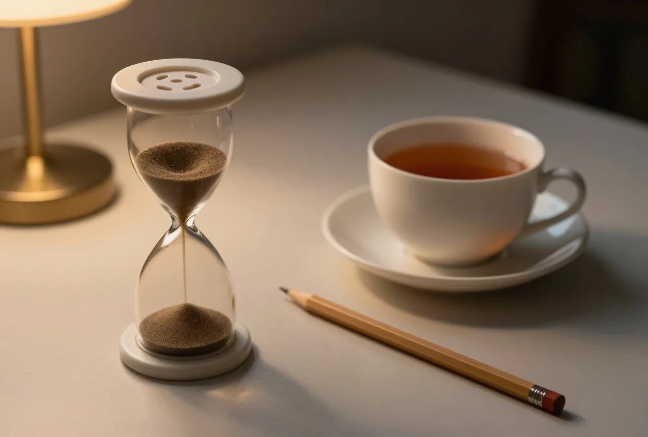 Abreißkalender mit leeren Blättern neben einem Bleistift und einer Tasse Tee im warmen Licht einer Schreibtischlampe