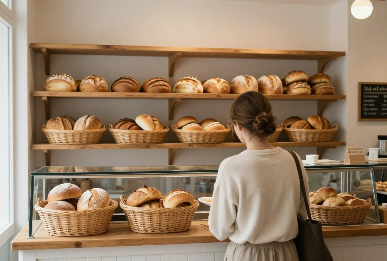 Tresen einer kleinen Bäckerei von hinten gesehen, Körbe mit frischen Brötchen in Holzregalen im warmen Morgenlicht