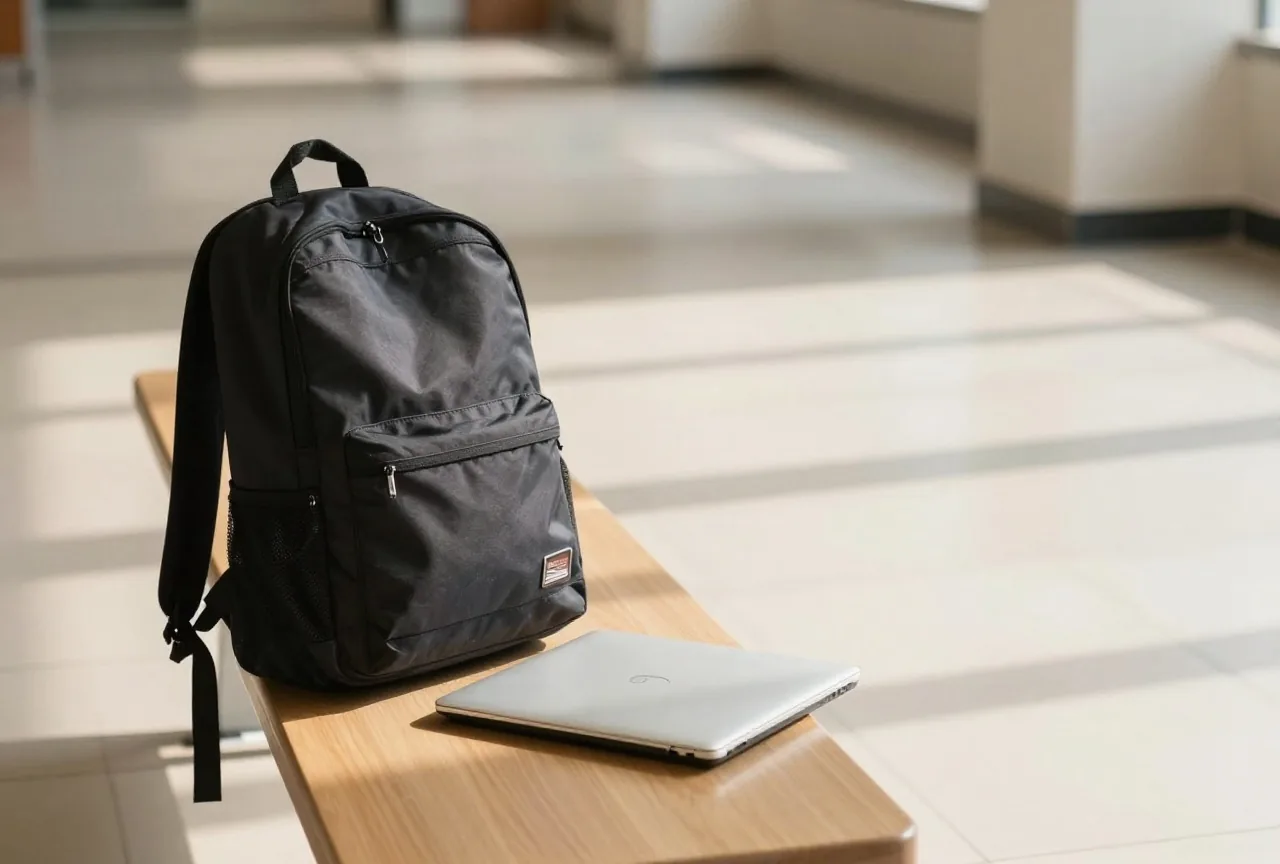 Rucksack und zugeklappter Laptop auf einer Bank in einem ruhigen Universitätsflur am Nachmittag, Sonnenlicht auf dem Fliesenboden