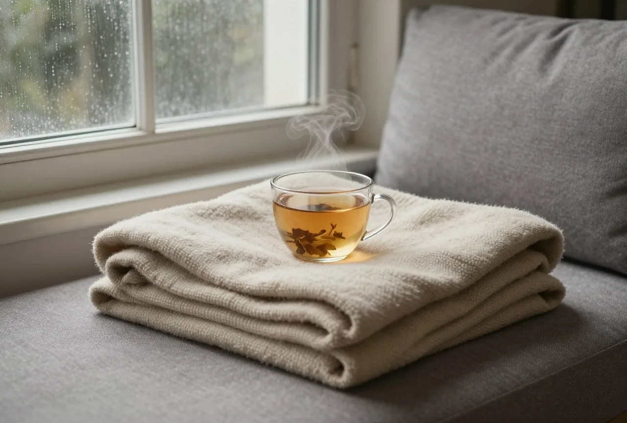 Zusammengelegte Wolldecke und eine dampfende Tasse Kräutertee auf einem grauen Sofa an einem regnerischen Nachmittag
