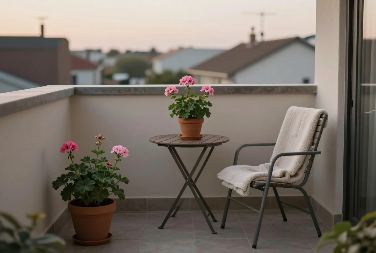 Kleiner Balkon mit zwei Gartenstühlen und Geranien, auf einem Stuhl eine gefaltete Decke