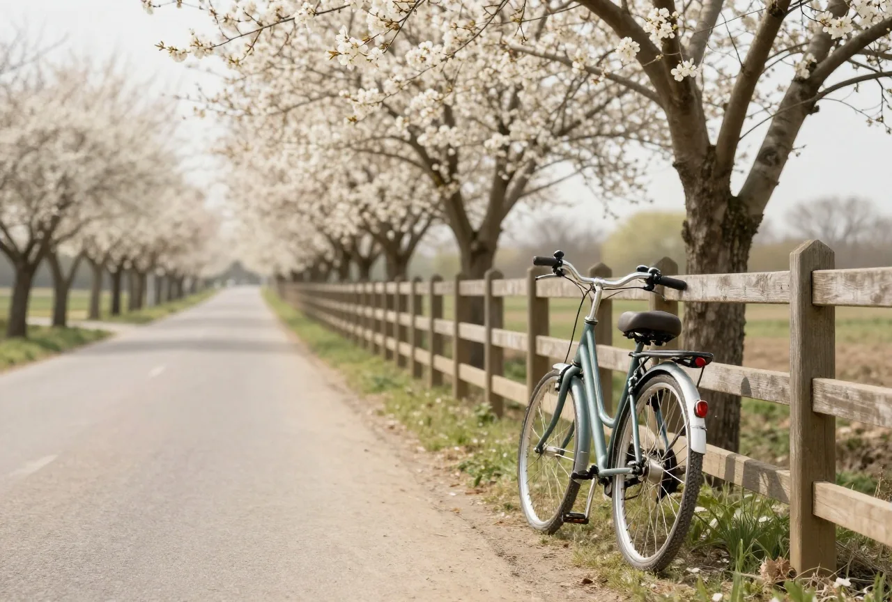 Fahrrad lehnt an einem Holzzaun an einem ruhigen Feldweg im Frühling, blühende Bäume im Hintergrund