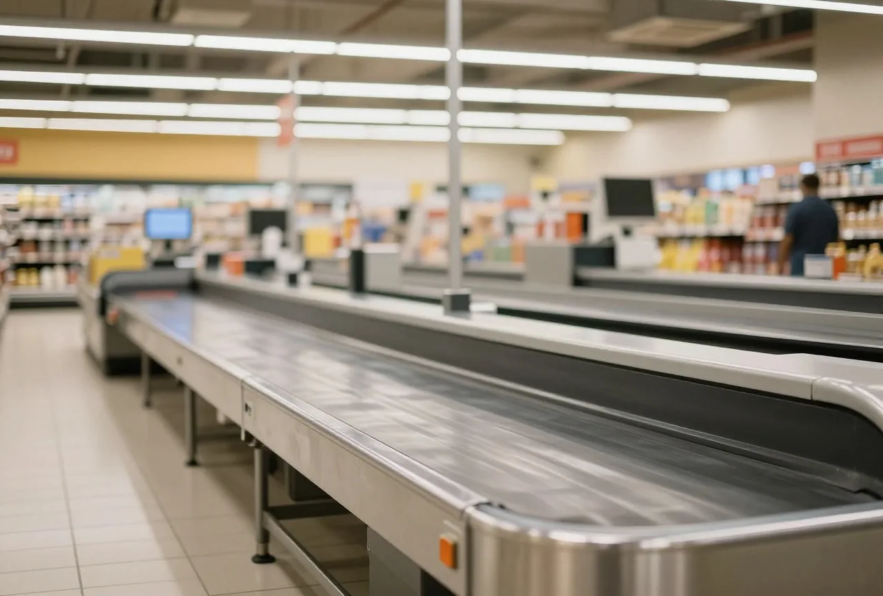 Leere Supermarktkasse nach Ladenschluss mit stillstehendem Förderband im kühlen Deckenlicht