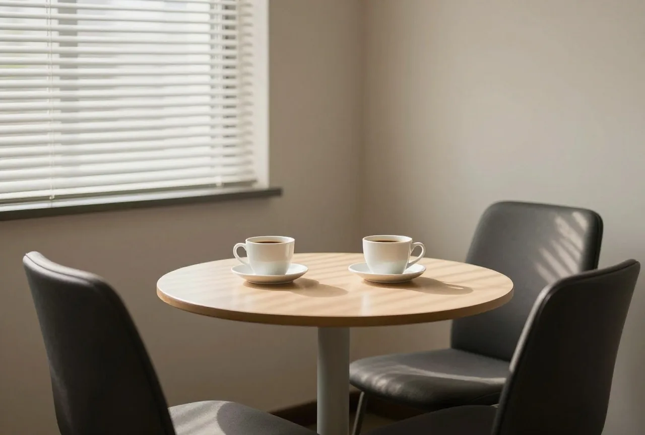Zwei Kaffeetassen auf einem kleinen runden Tisch in einer ruhigen Büroecke, die Stühle zurückgeschoben