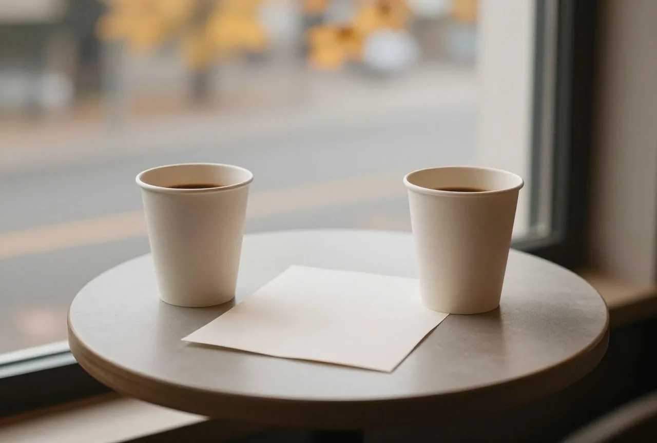 Zwei leere Kaffeetassen auf einem kleinen runden Tisch am Fenster eines ruhigen Cafés an einem grauen Herbstmorgen, dazwischen ein gefaltetes leeres Blatt Papier