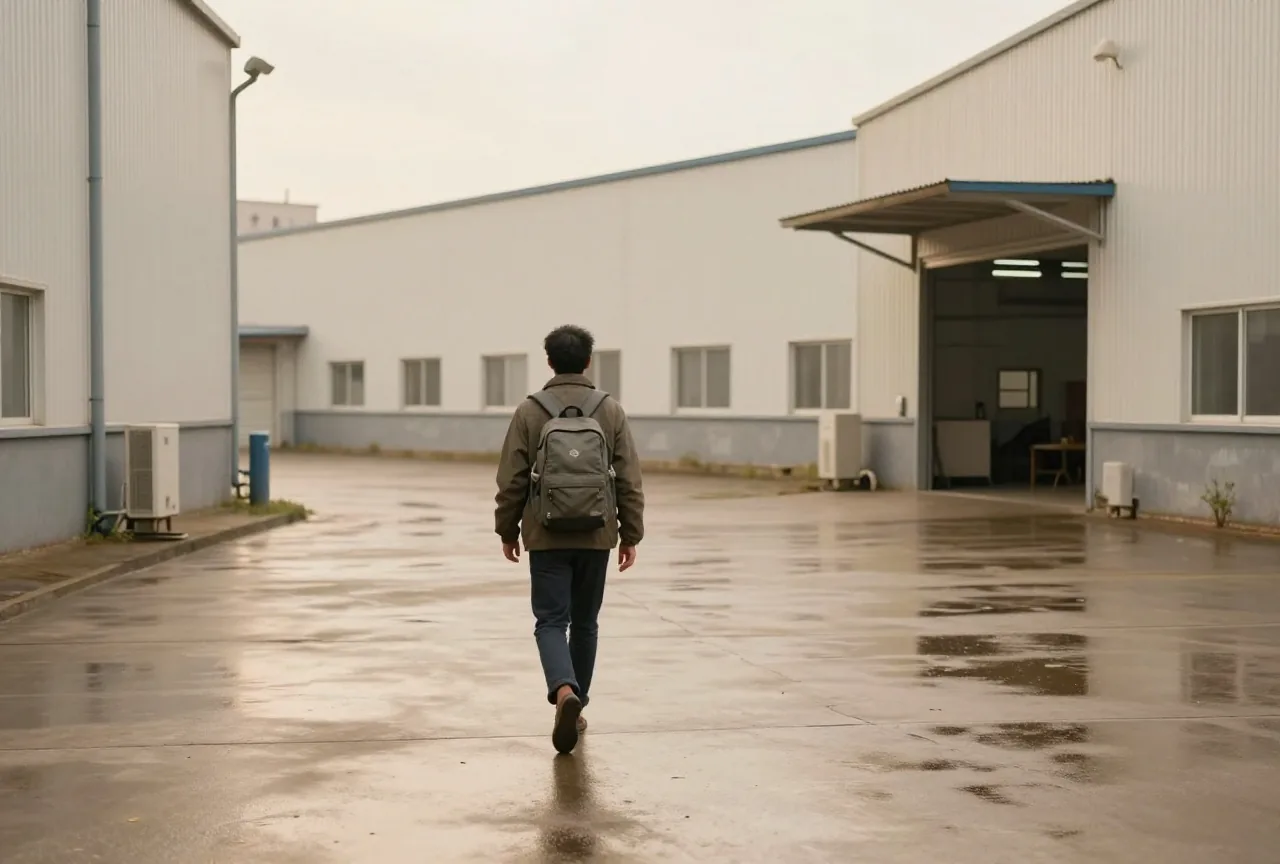 Person von hinten auf dem Weg über einen Werkshof zum Eingang eines anderen Gebäudes, mit kleinem Rucksack, nasser Boden spiegelt den bedeckten Himmel